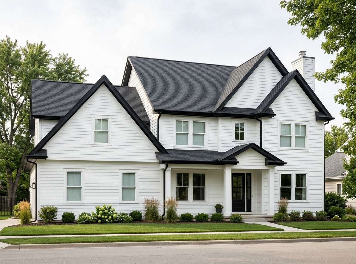 White house with black fascia, soffits, and roofline trim  emphasizing gable architecture and creating strong curb appeal