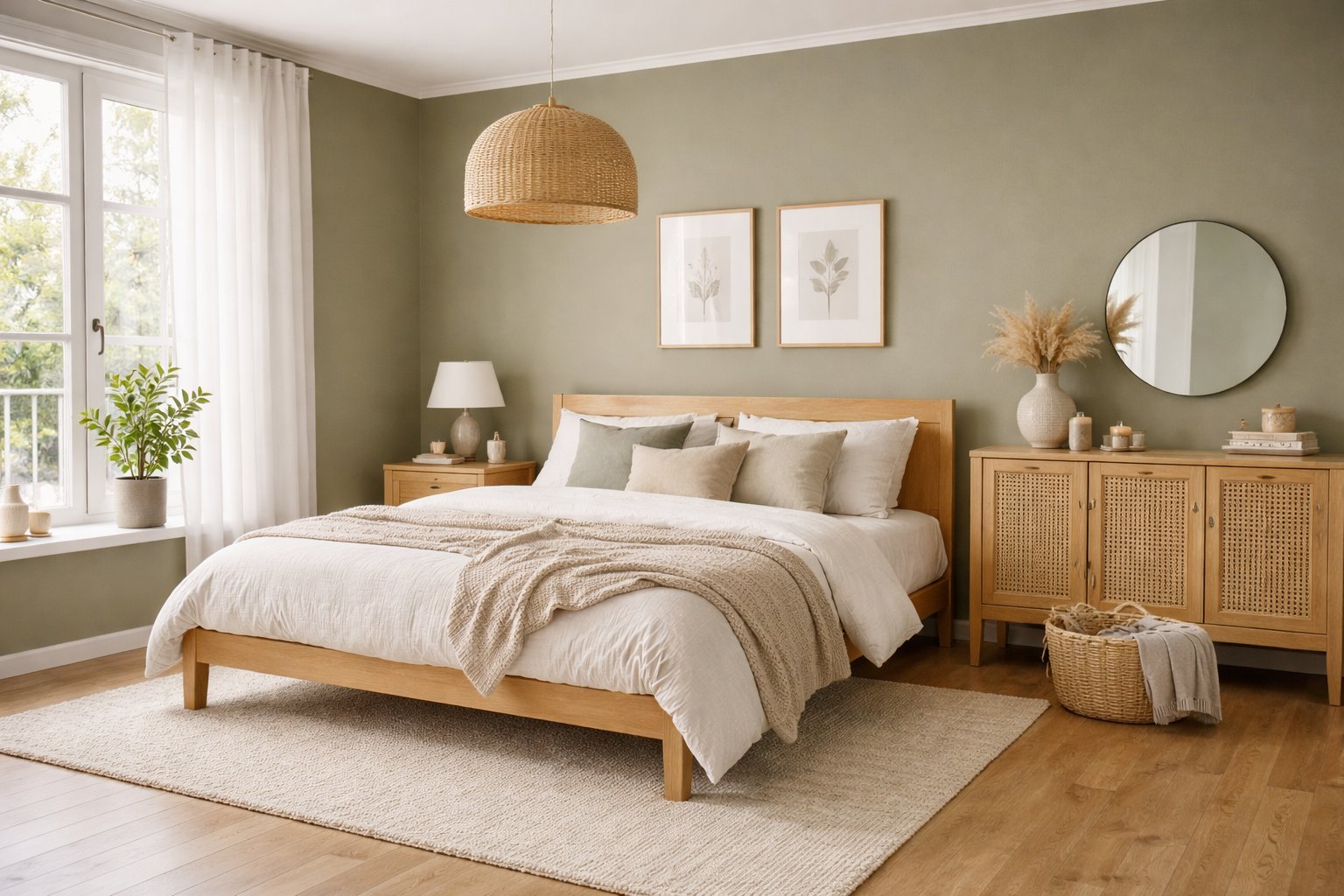 Bedroom with olive green repaint result while keeping furniture and layout unchanged