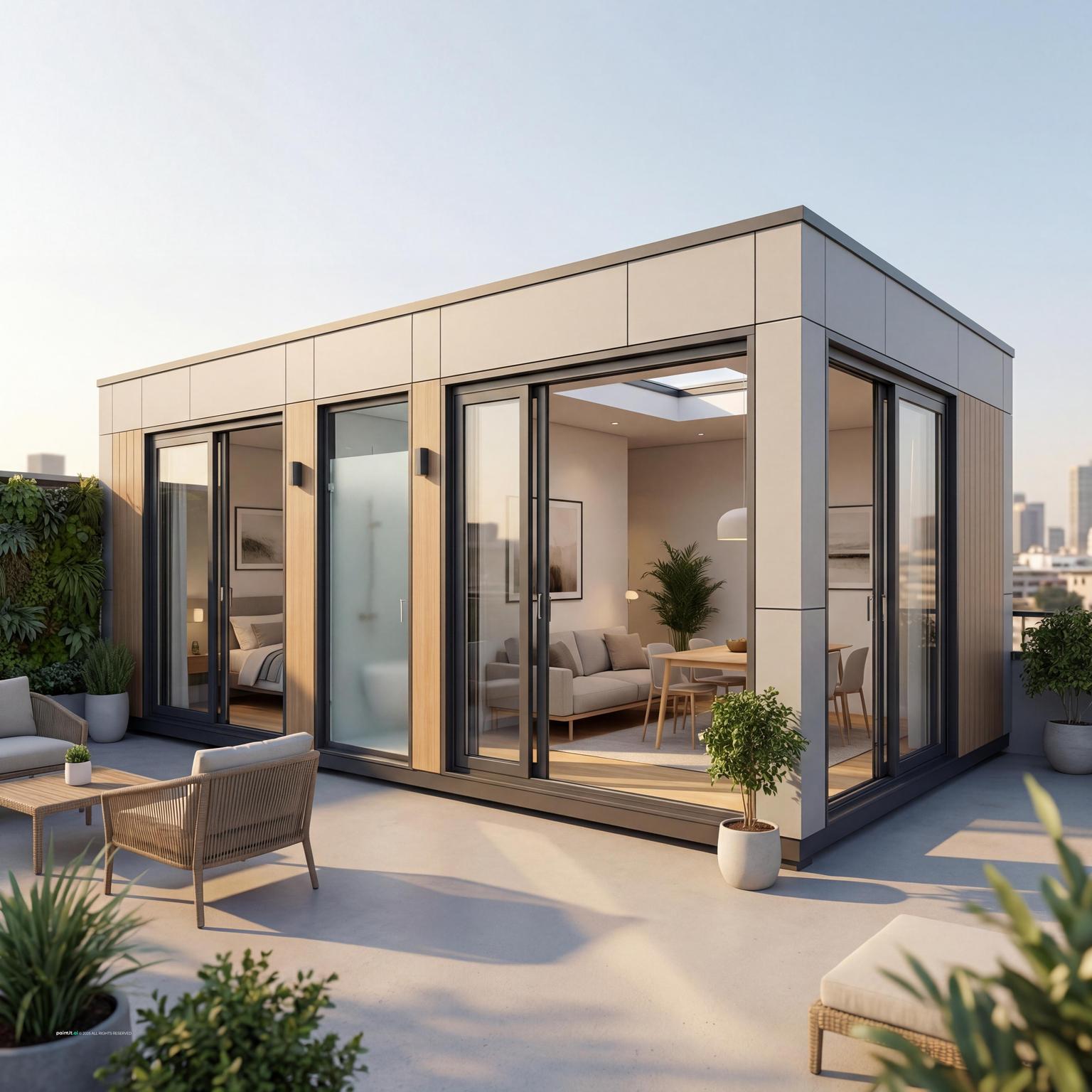 Compact 2BHK Prefab Design on Terrace, with an efficient workstation in living room layout.