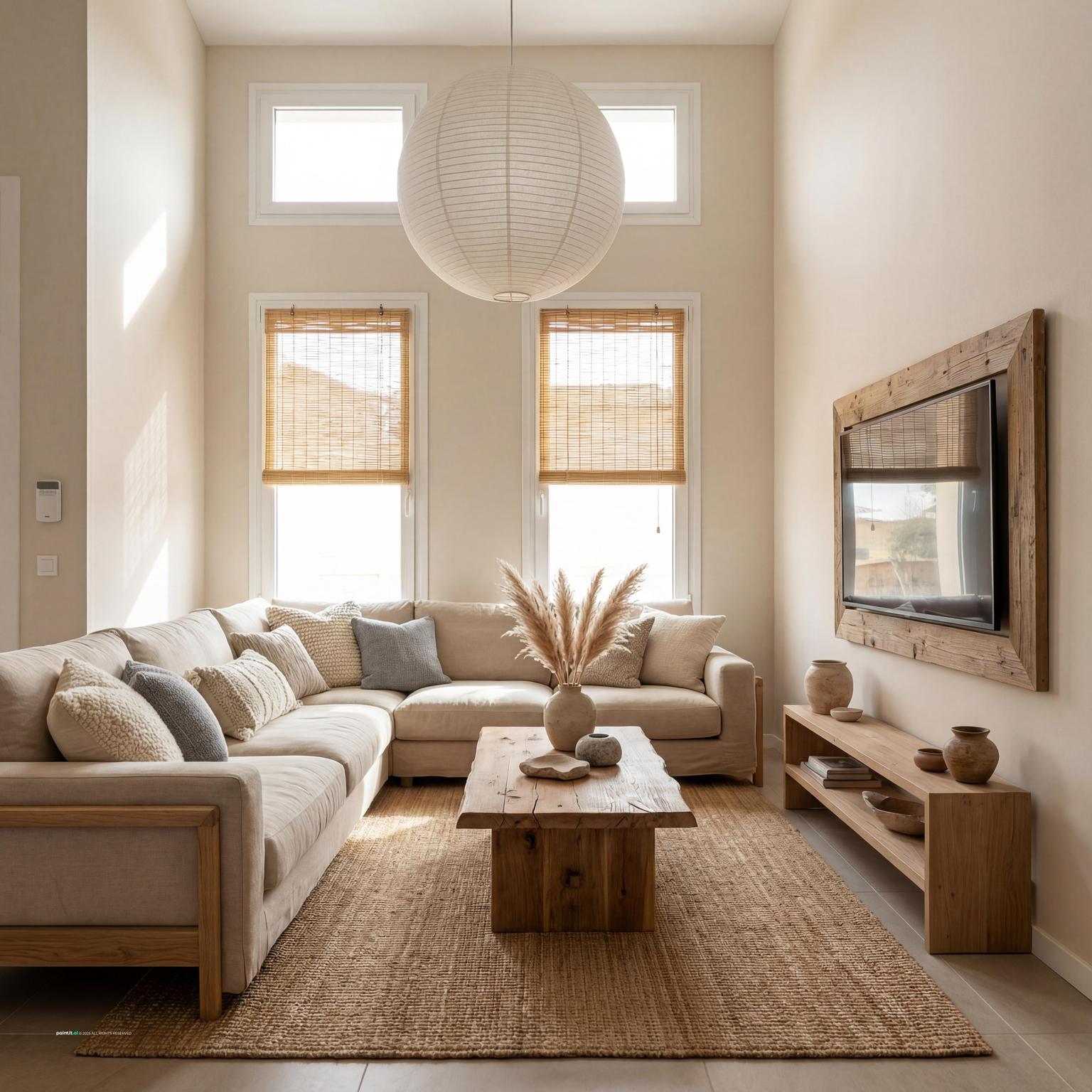 Rustic Japandi living room with a paper pendant, a linen sectional and a wooden coffee table