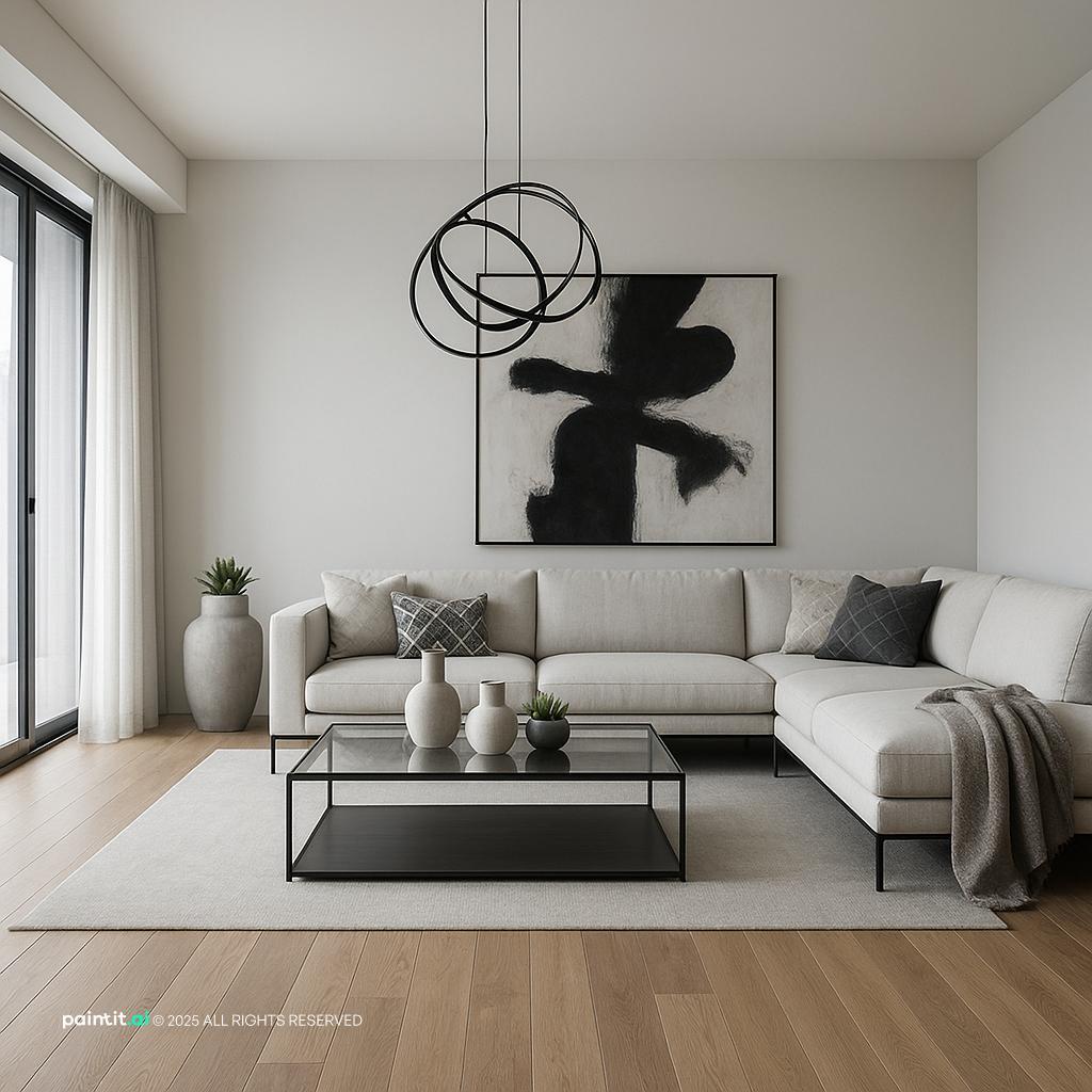 Modern minimalist beach house living room design, clean lines and uncluttered spaces create a serene, airy coastal retreat.