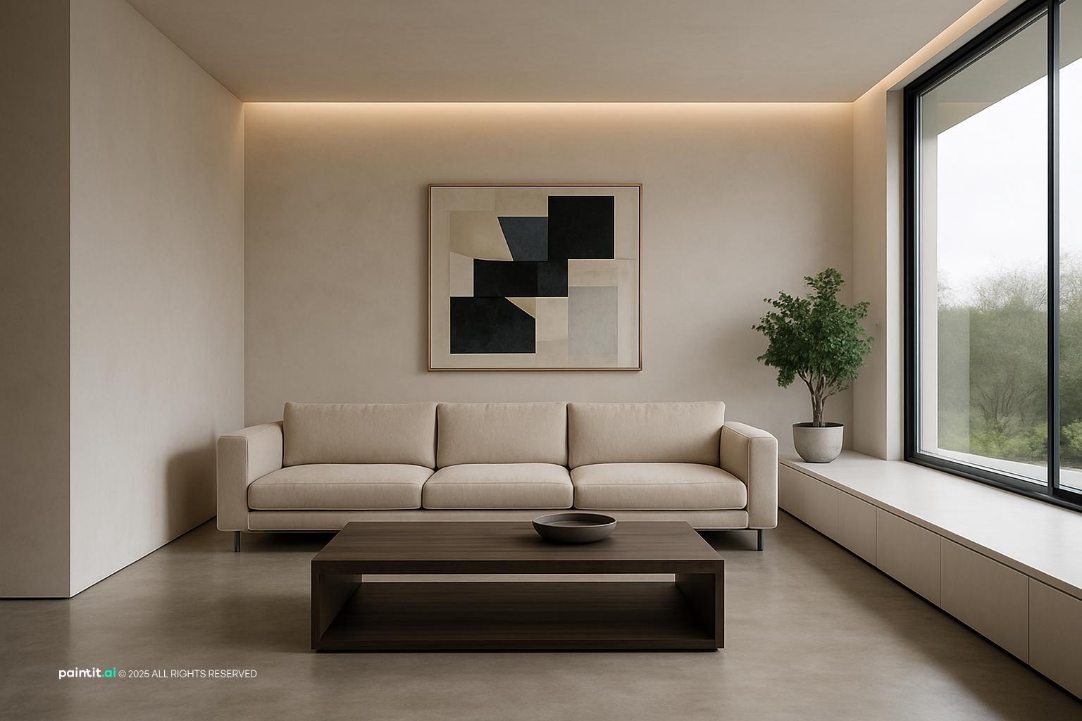 Minimal contemporary living room with recessed cove lighting, a low sofa and a single large abstract artwork
