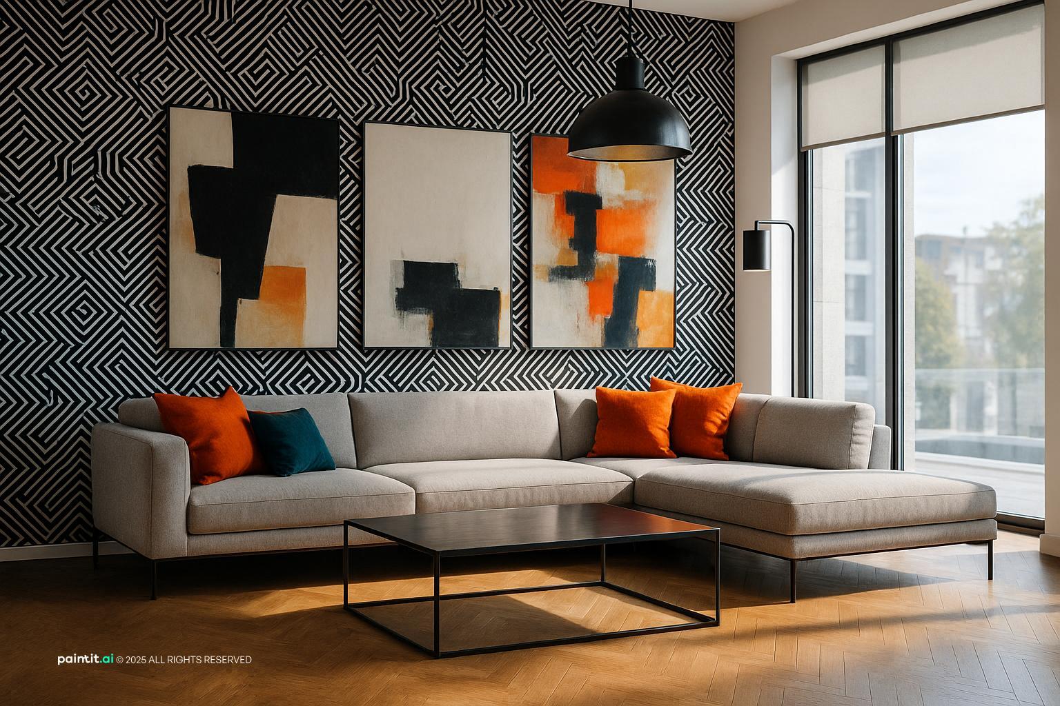 Modern living room with black and white geometric wallpaper, a gray sectional, orange cushions and abstract art