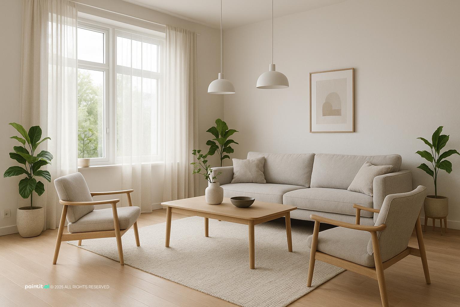 Scandinavian Living Room Design showing grey palette, red accents, warm wood for Red and Grey Living Room Ideas.