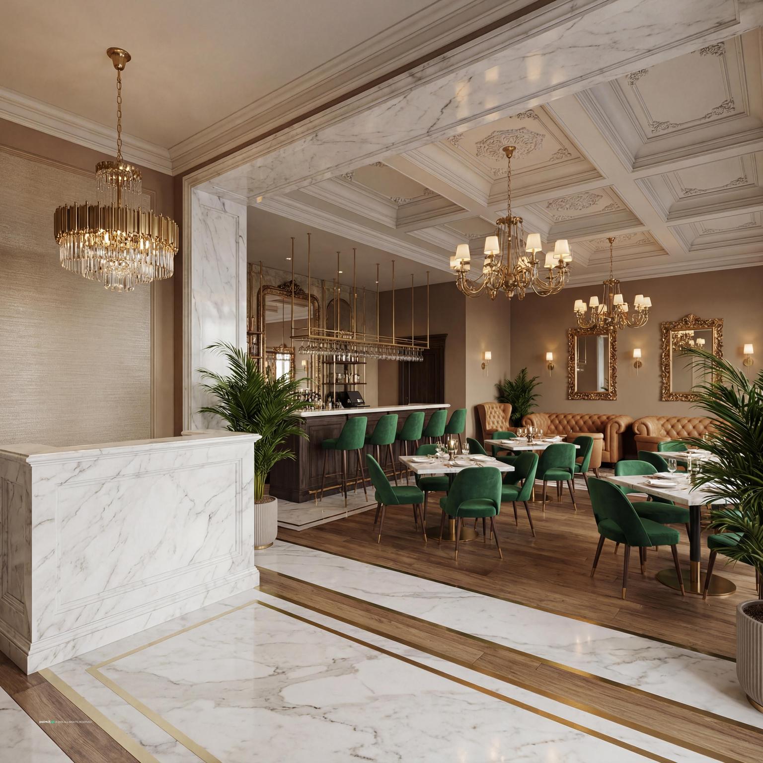 Elegant Neoclassical Victorian style living room, featuring ornate architectural details, plush seating, and a sophisticated, inviting feel.