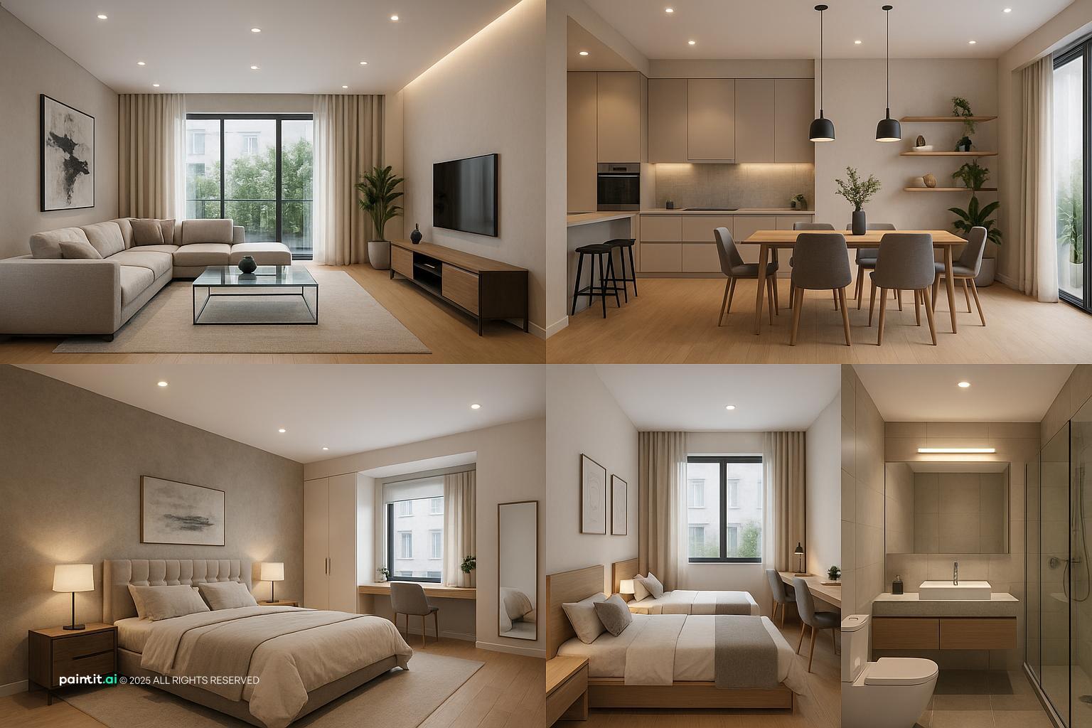 workstation in living room with natural textures and a calm living room atmosphere.