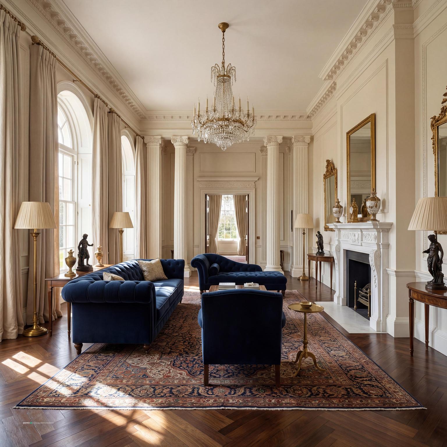 Elegant Neoclassical Living Room Design navy blue and burnt orange living room