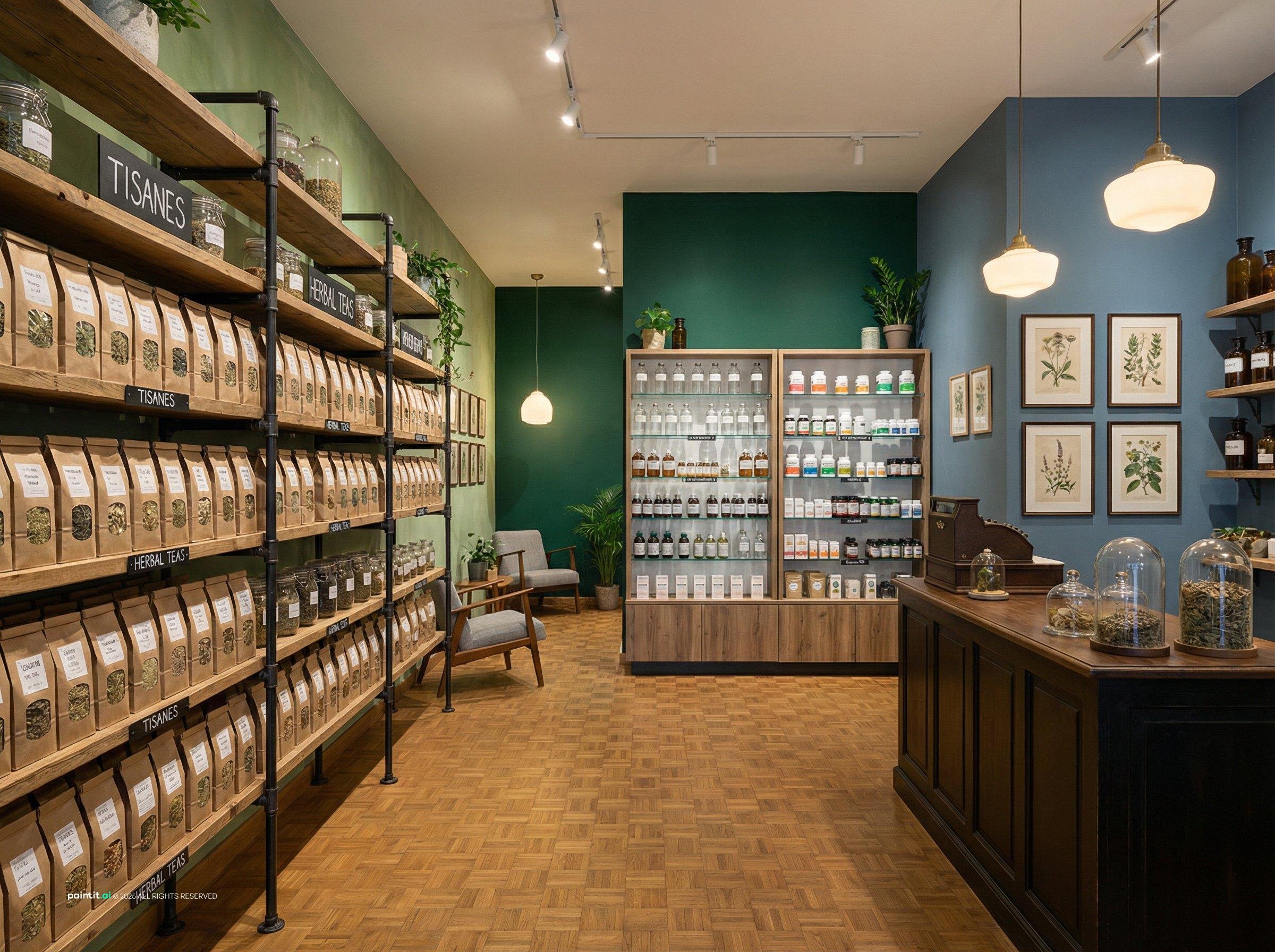 Herbal pharmacy with wooden shelving, apothecary jars and a green accent wall