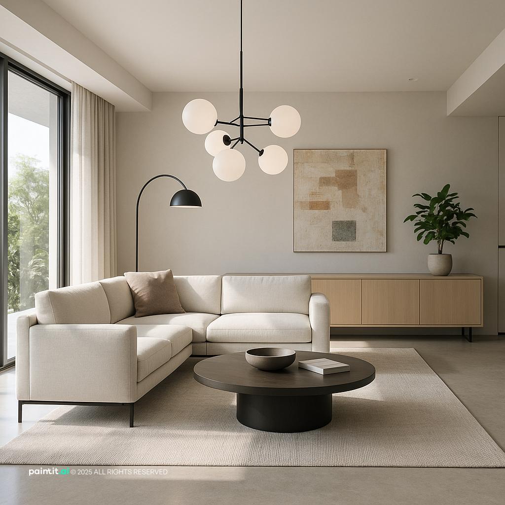 Modern Living Room Design showing clean-lined furniture, plants and greenery, open layout for Living Room Color Ideas.