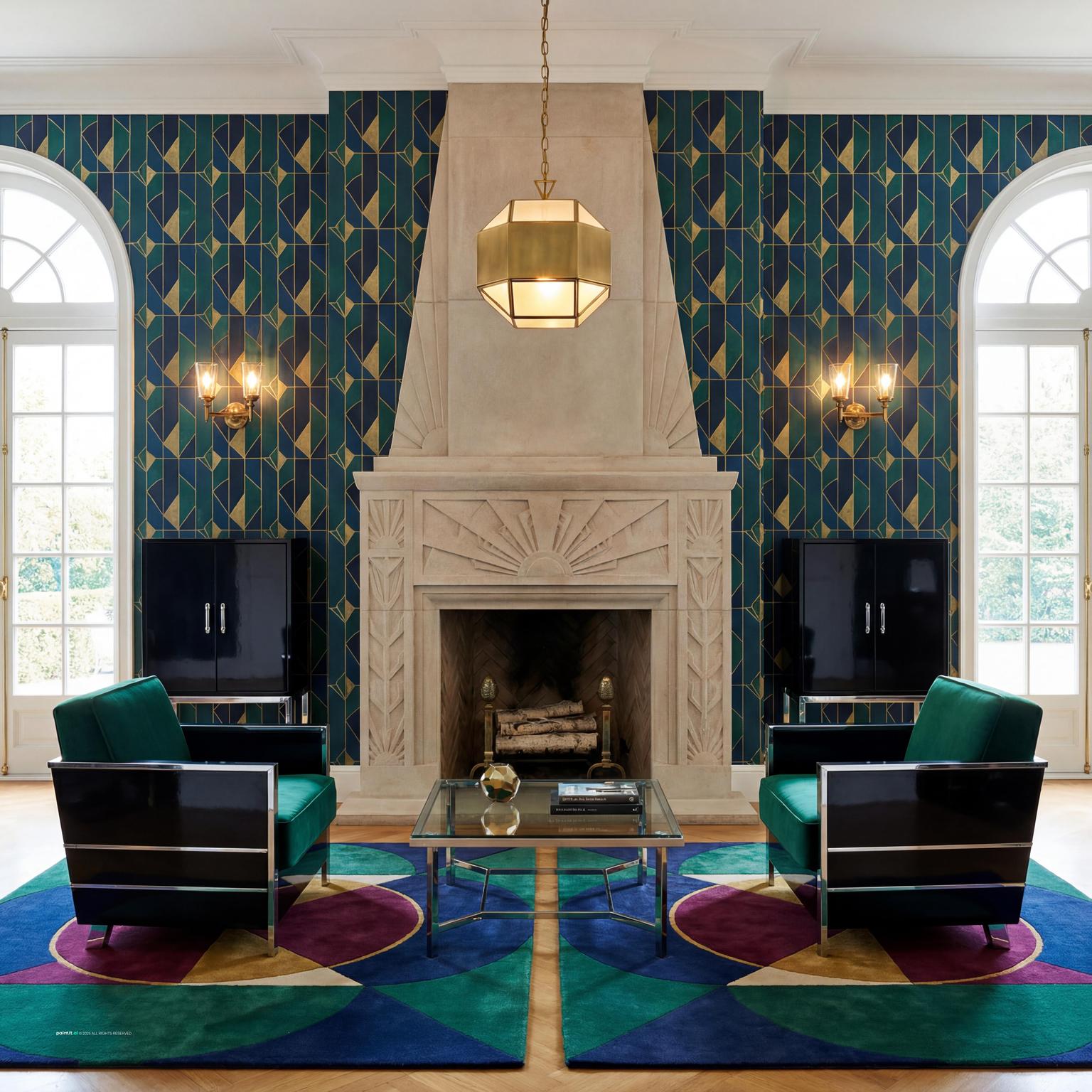 Stunning 80s inspired living room design, embracing the allure of Art Deco with mirrored accents, geometric patterns, and luxurious textures.