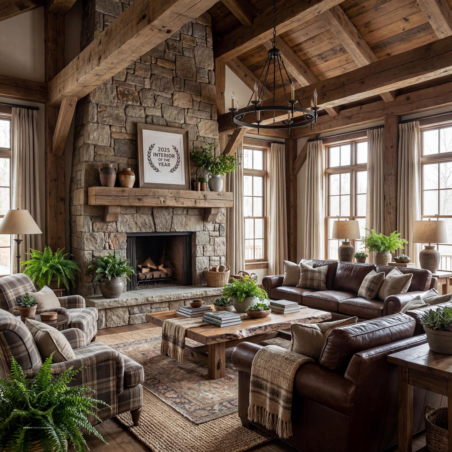 Cozy rustic living room with sturdy wooden furniture, a warm fireplace, and practical textiles, embodying the resilient spirit of a 1940s home.