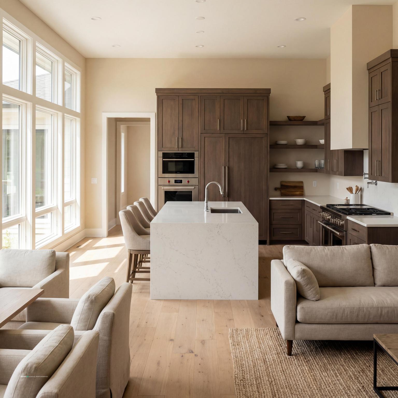 Ultra-realistic 1980s kitchen and living room design, featuring iconic appliances, warm wood tones, and period-specific decor elements.