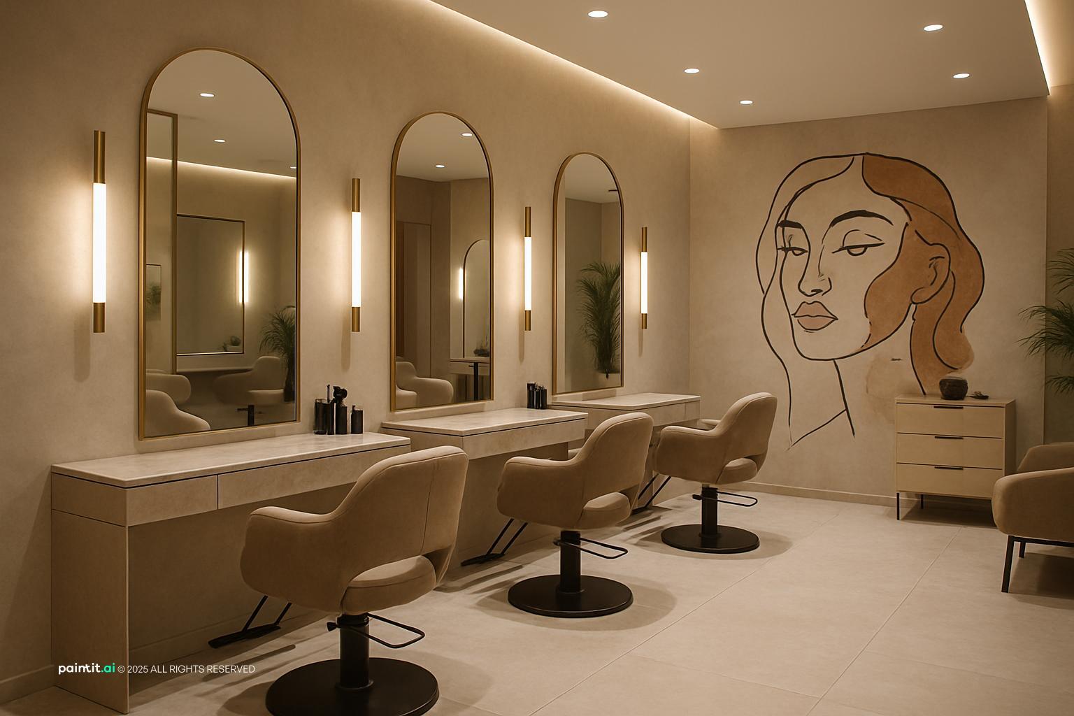 Modern beauty salon with arched mirrors, vertical wall lights, beige chairs and a line-drawn face mural