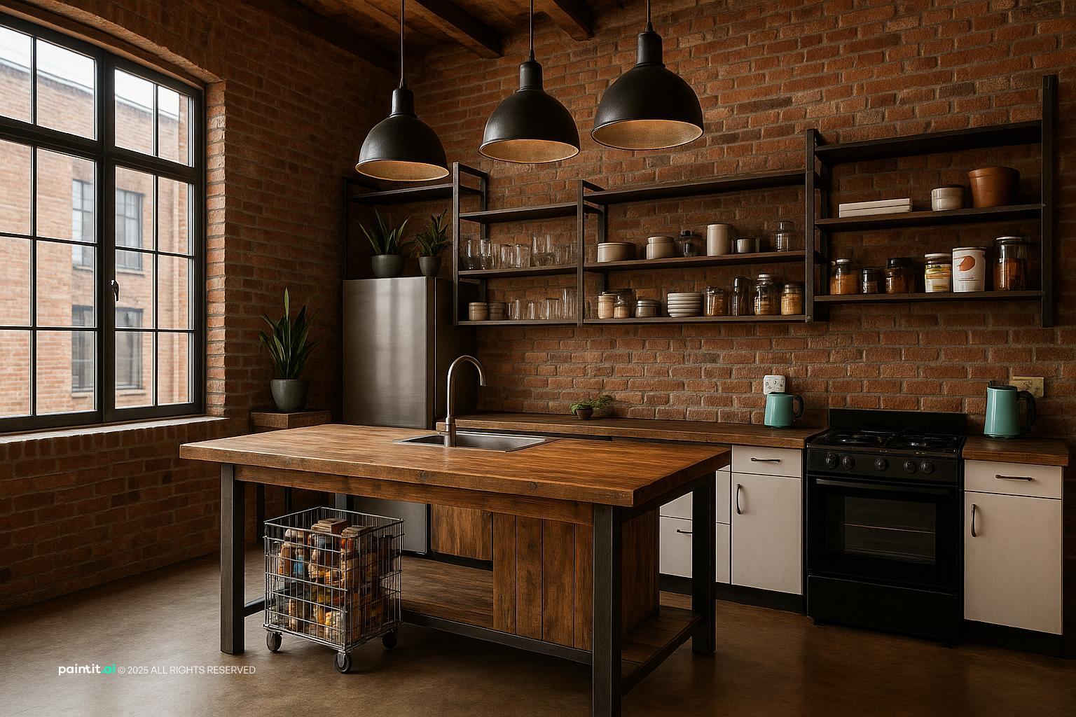 Loft kitchen with exposed brick, a reclaimed wood island and black pendant lights