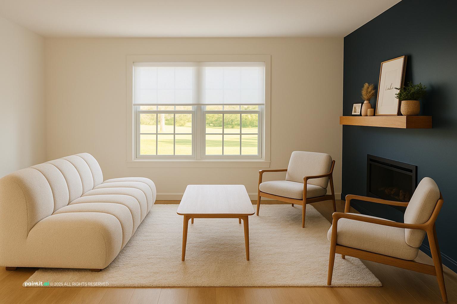 Living room with a charcoal accent wall around a fireplace, a white curved sofa and wooden armchairs