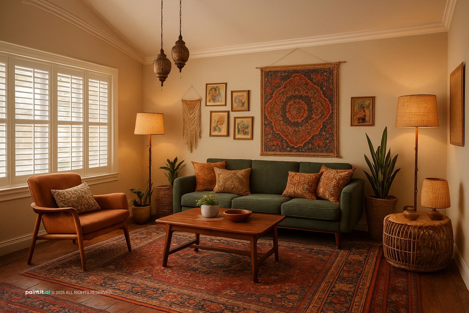 Mid century living room with a green sofa, rattan pendants and a red rug