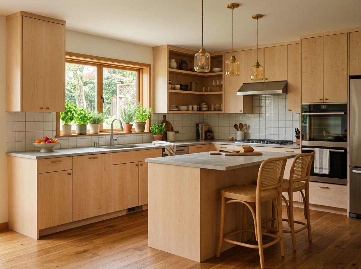 Organic wood-on-wood kitchen with light maple cabinets, gray stone countertop,  and medium brown oak floors with clearly distinct wood tones