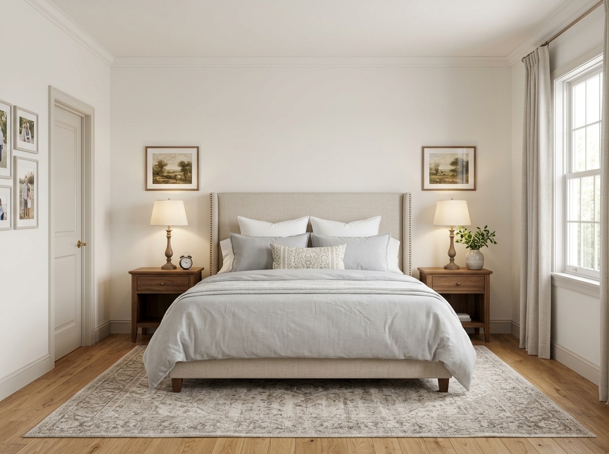 Classic master bedroom with king bed centered on the longest wall,  two matching nightstands and lamps for perfect symmetry