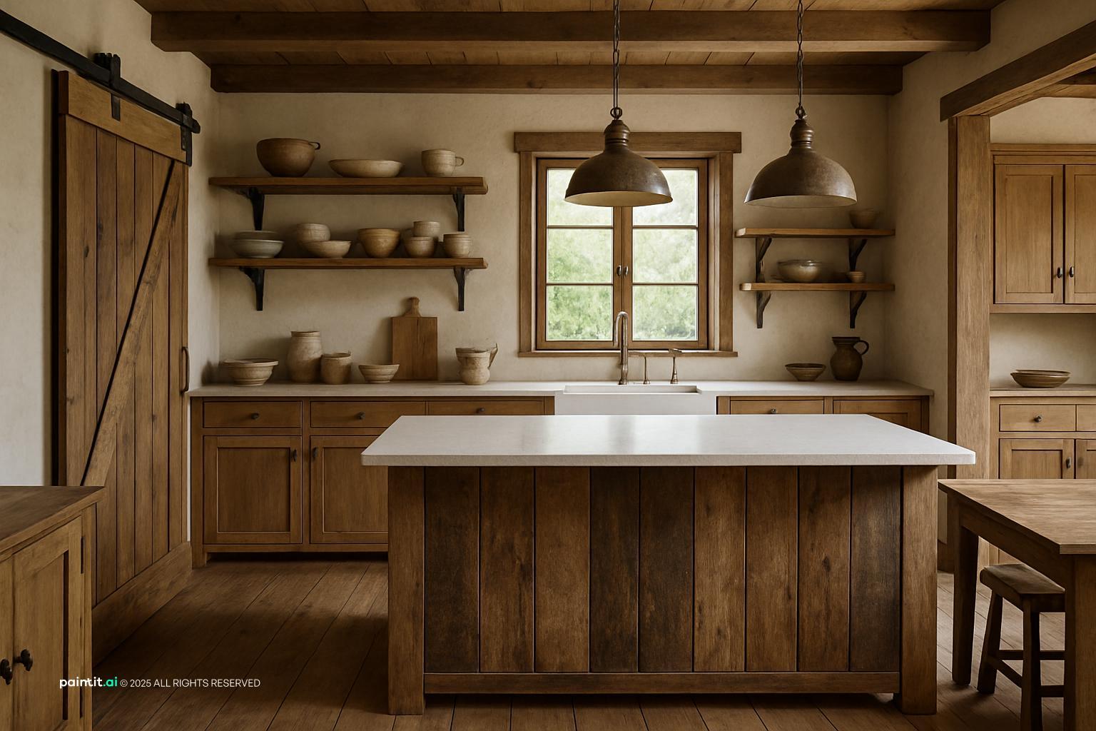 Rustic farmhouse kitchen with open shelving, a reclaimed wood island, pendant lights and a barn door