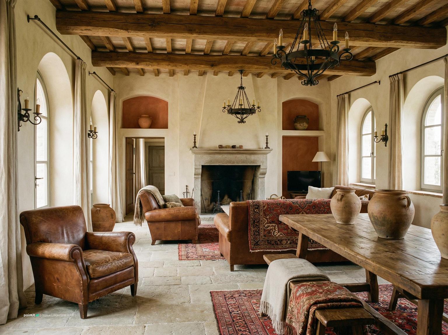 Tuscan-style living and dining room with arched windows, stone floors, beams, leather armchairs and a long wooden table