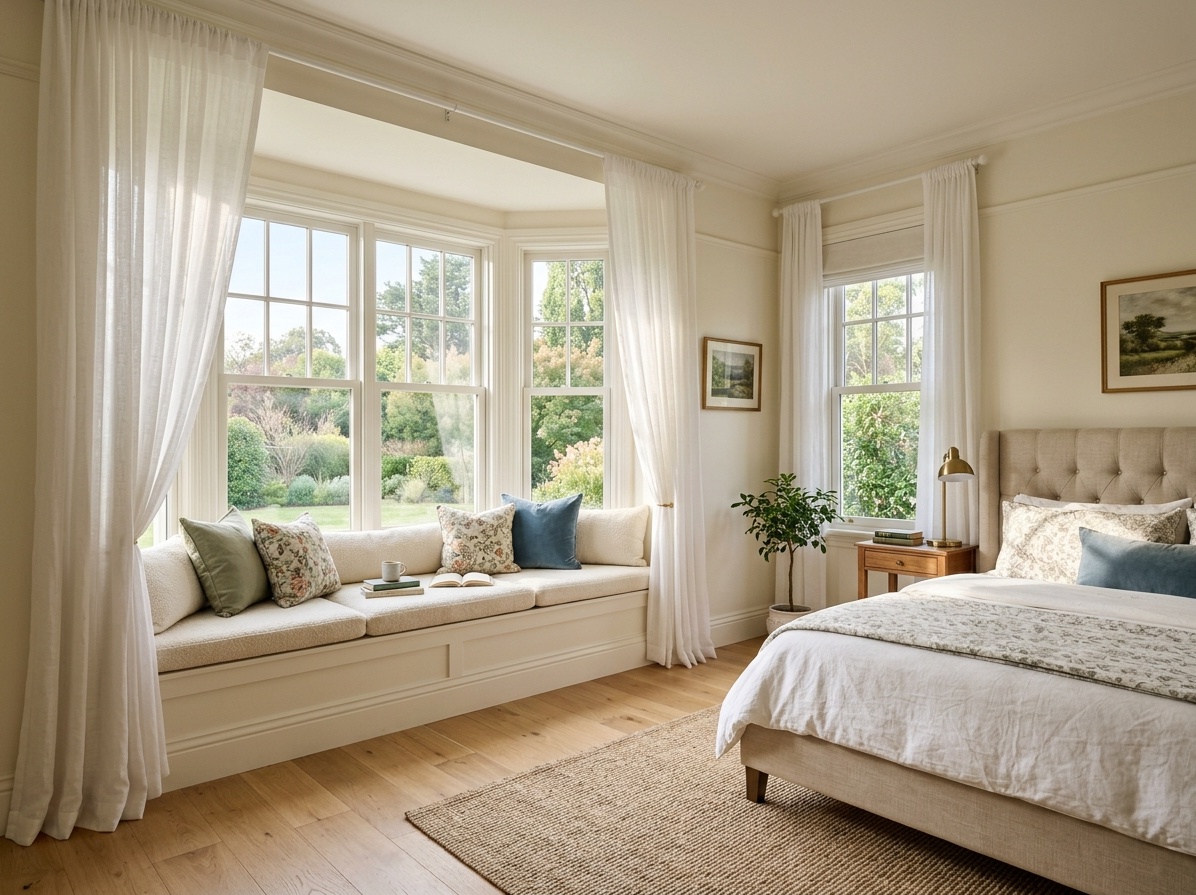 Master bedroom with bay window transformed into a cozy upholstered  bench seating nook with cushions and sheer curtains, bed on opposite wall