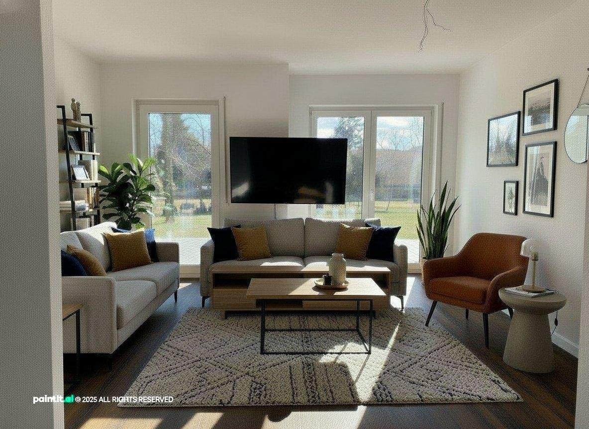 Living room rearranged into a sofa area and a separate chair corner, with a rug, TV and plants