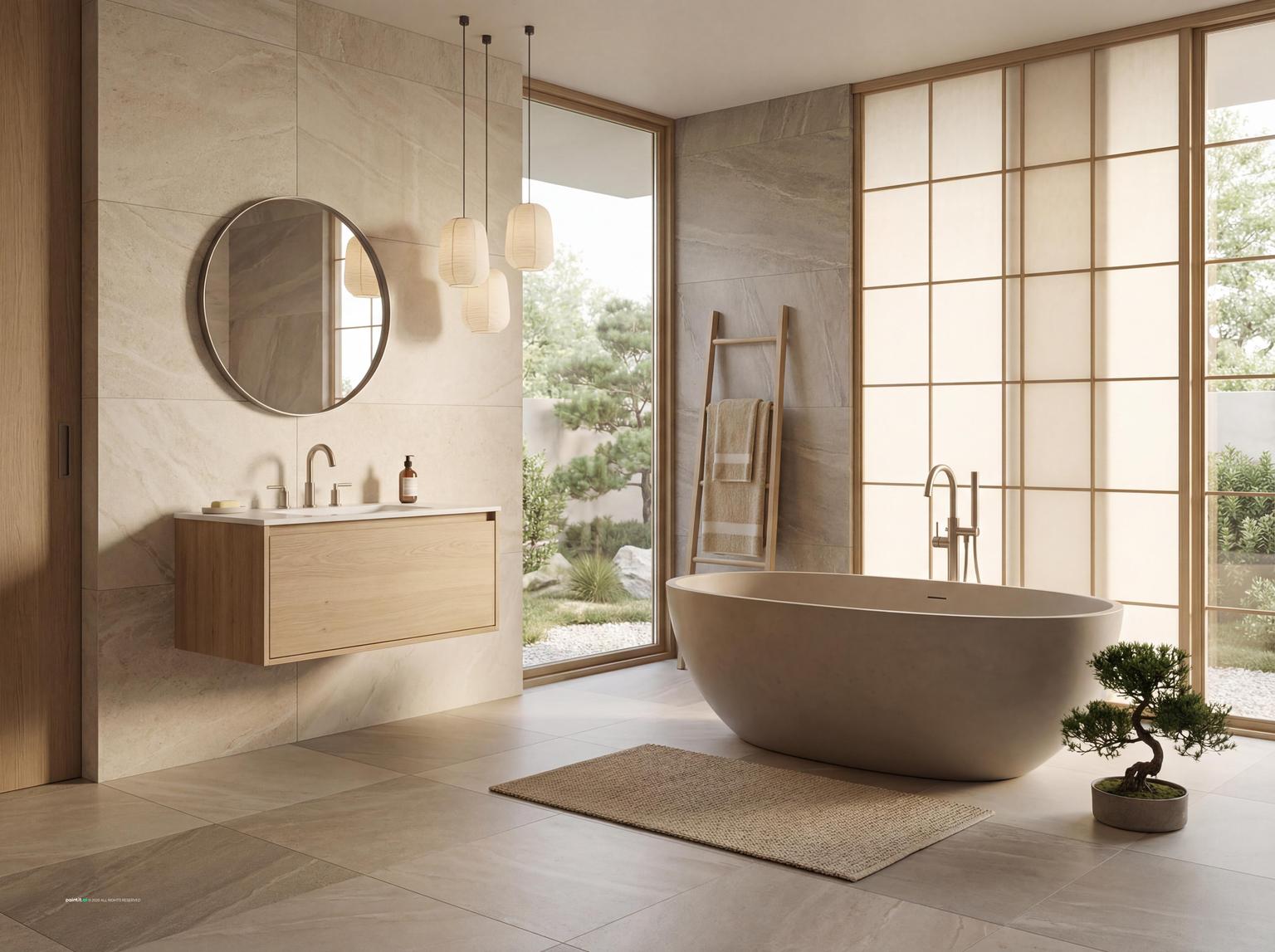 Serene Japandi Bathroom with Hidden Storage for Muji Style Interior Design