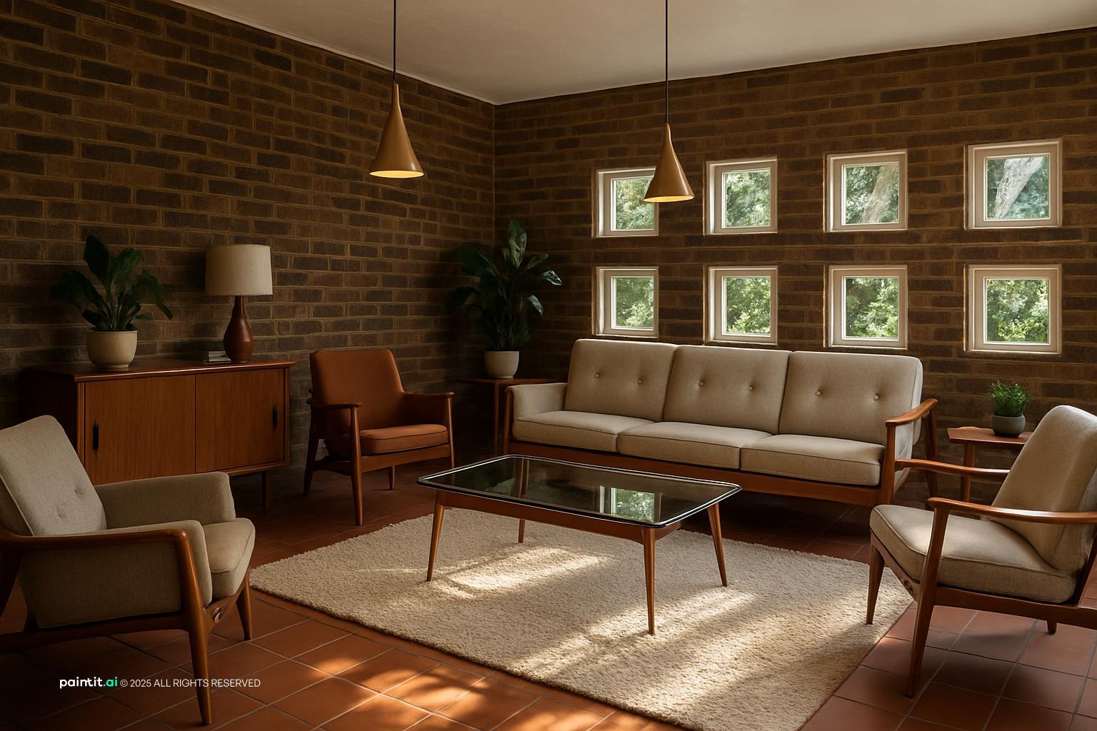 Mid-century Danish living room with a brick wall, a walnut sideboard, a long sofa and a glass coffee table