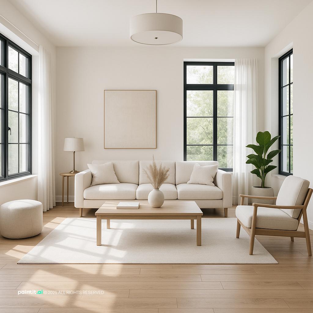 Bright and Airy Living Room Design showing beige foundation, cream tones, metal accents for Cream and Beige Living Room Ideas.