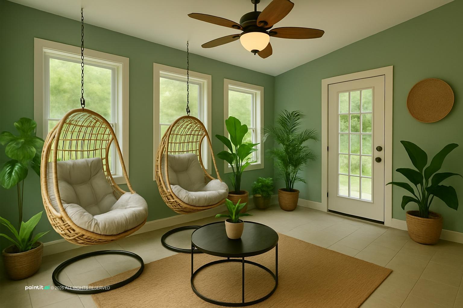 Small green garden room decorated with two rattan hanging chairs and potted plants