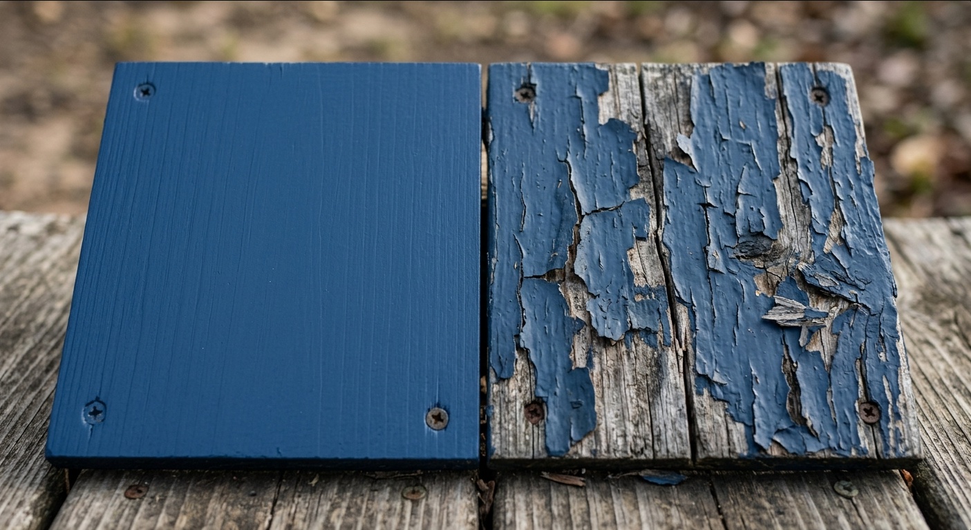 two painted wood panel swatches side by side &mdash; one showing a smooth, intact painted surface, the other showing visible peeling and cracking from weather exposure.