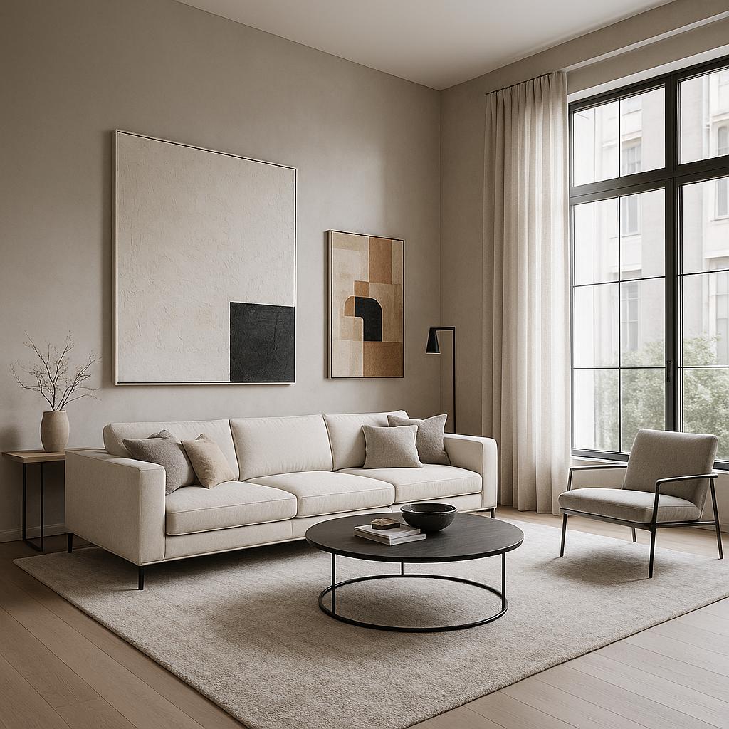Modern Contemporary Living Room Design with elegant white shiplap walls, creating an airy and sophisticated space.