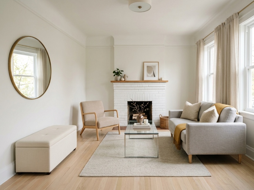 Small awkward living room with off-center fireplace solved using apartment-sized loveseat, glass coffee table, and large mirror for light