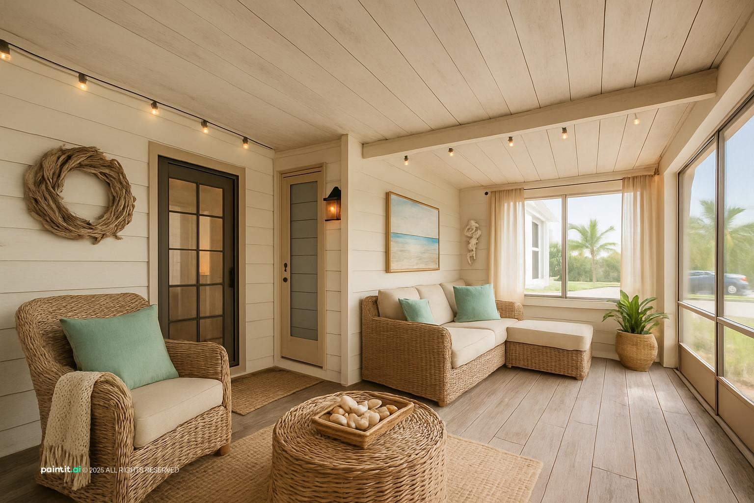 Old Florida coastal interior with rattan wicker seafoam coral beadboard and tropical vintage details 4