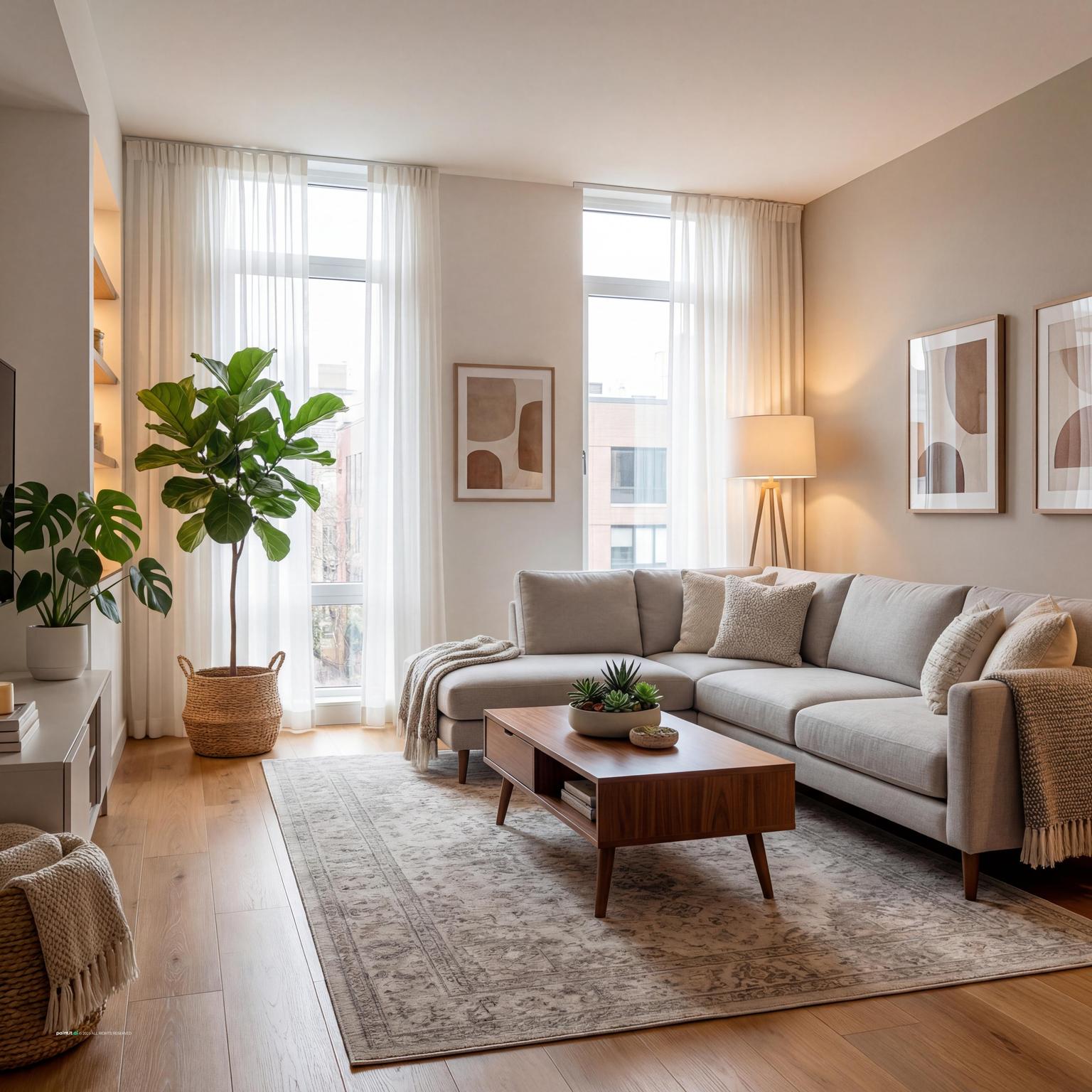 A warm contemporary navy blue and burnt orange living room design, balancing modern aesthetics with cozy elements and vibrant color accents.