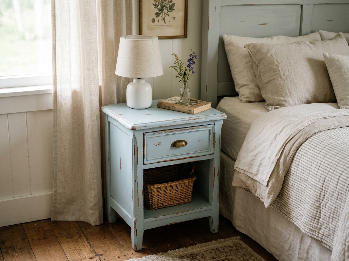 Distressed vintage nightstand painted in soft pale blue  with worn edges revealing natural wood beneath, styled with a ceramic lamp
