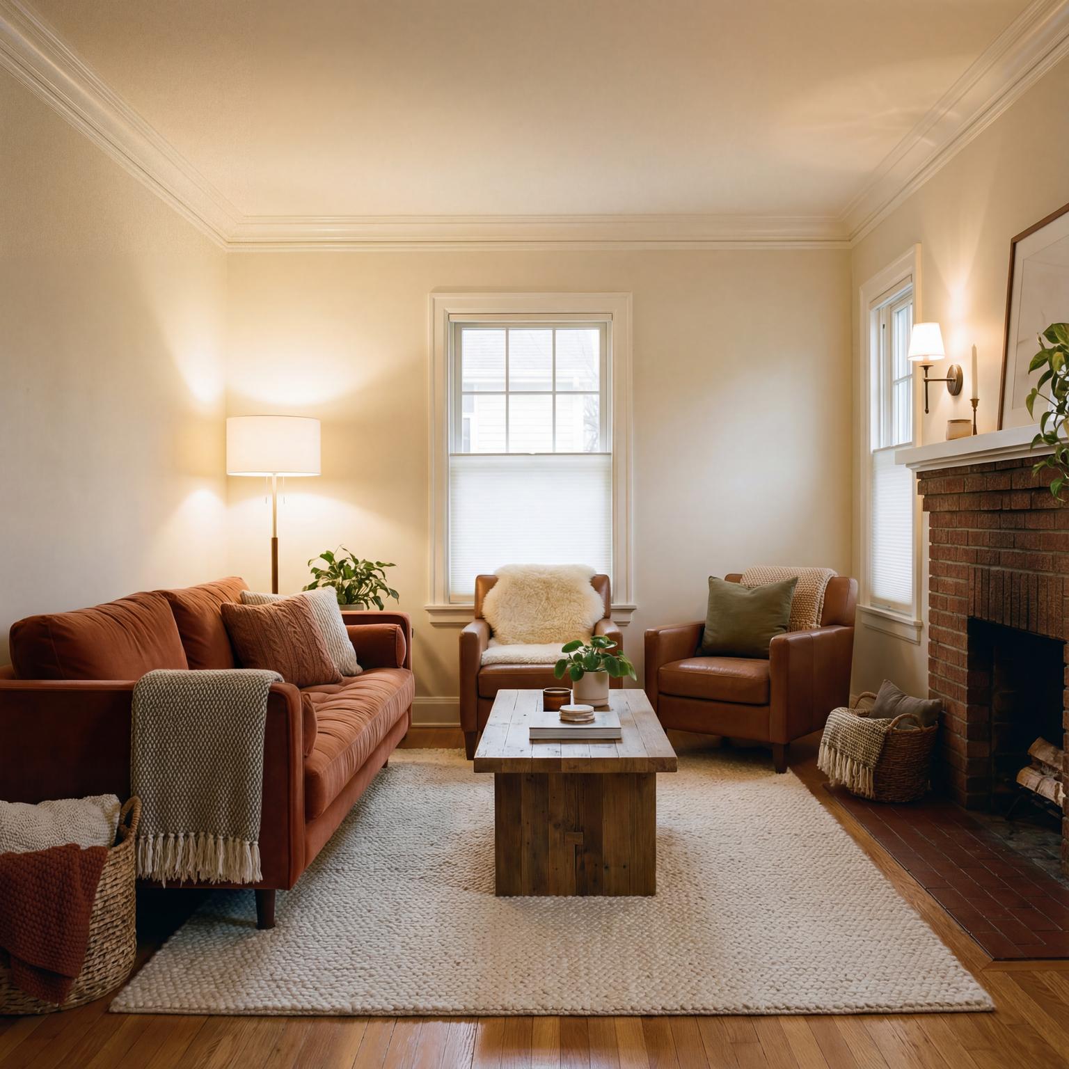Cozy small dark cottagecore living room inspiration with plush seating, layered textiles, dark floral wallpaper, and warm candlelight, perfect for intimate...