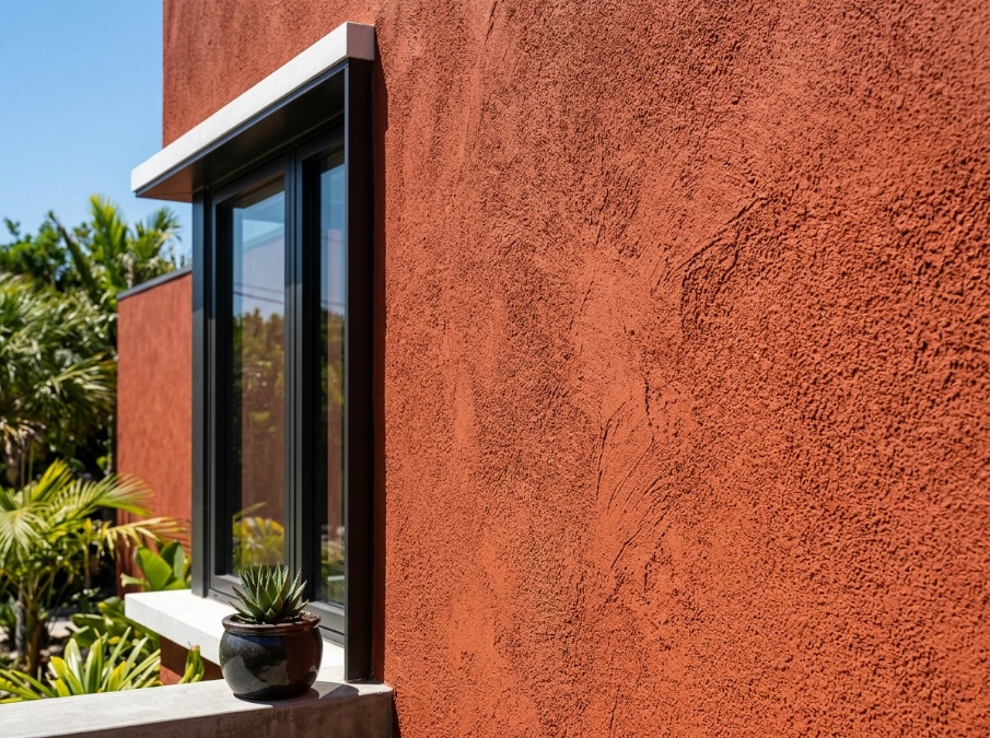 Deep terracotta stucco accent wall with fade-resistant premium acrylic paint.
