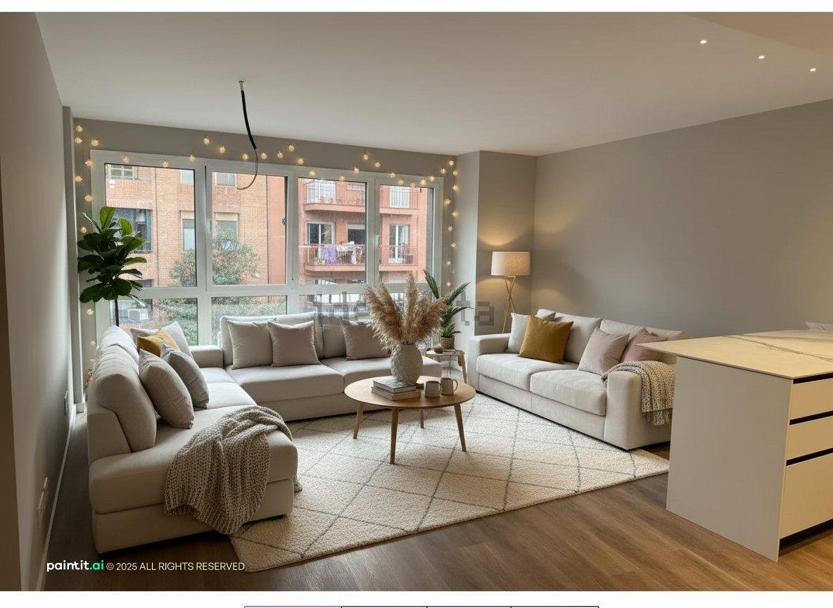 Danish hygge living room with a light sofa, a round coffee table, string lights and plants