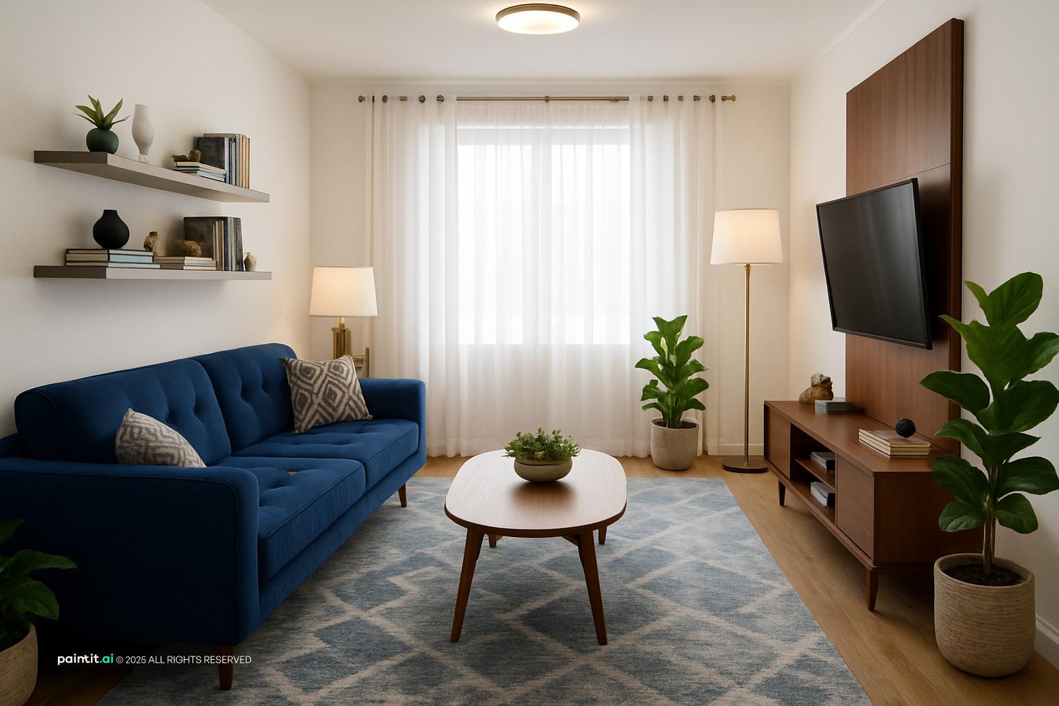 Living room with a navy sofa, a grey patterned rug, floating shelves and a wooden TV unit