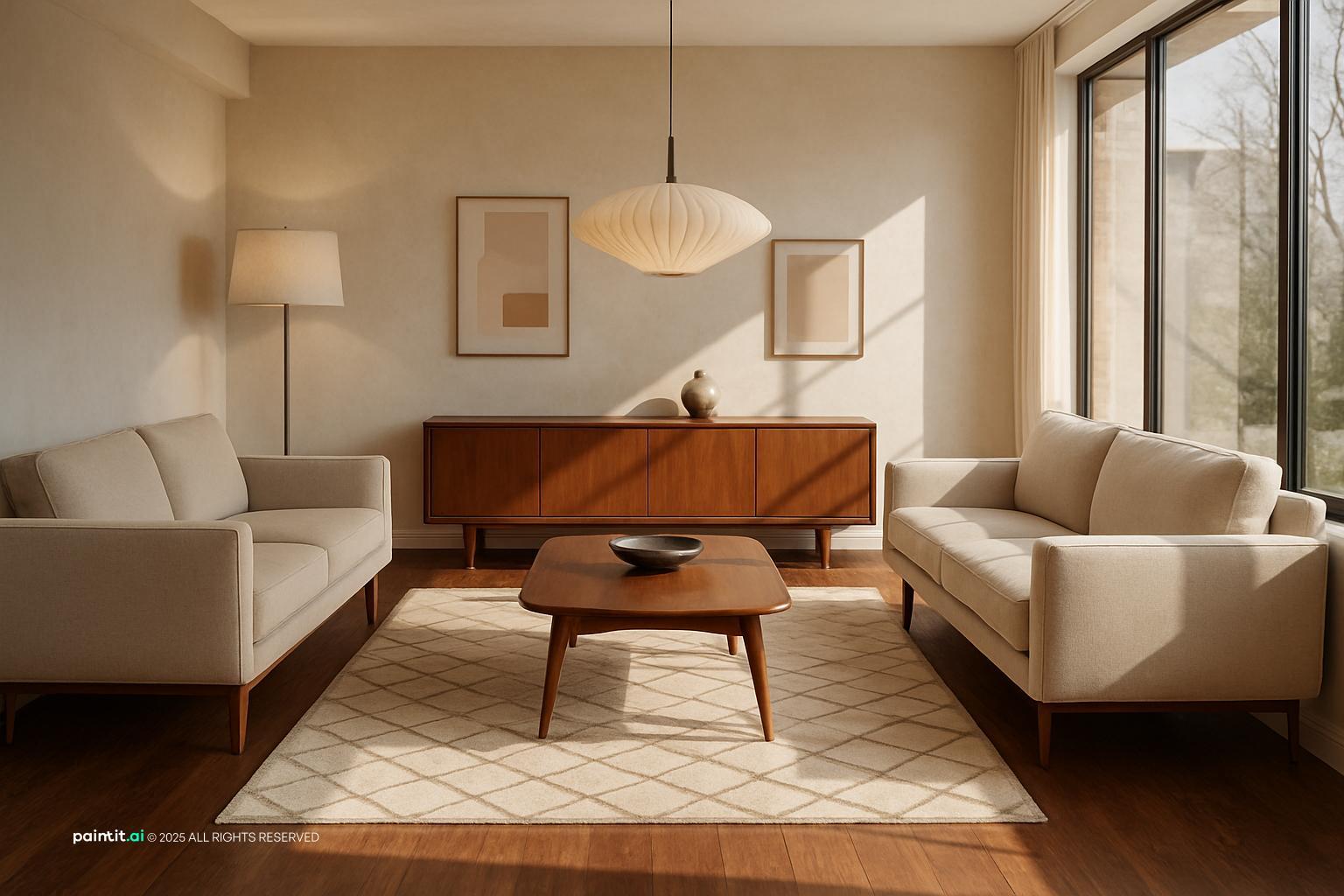 Mid century living room with two cream sofas, a paper pendant and a teak sideboard