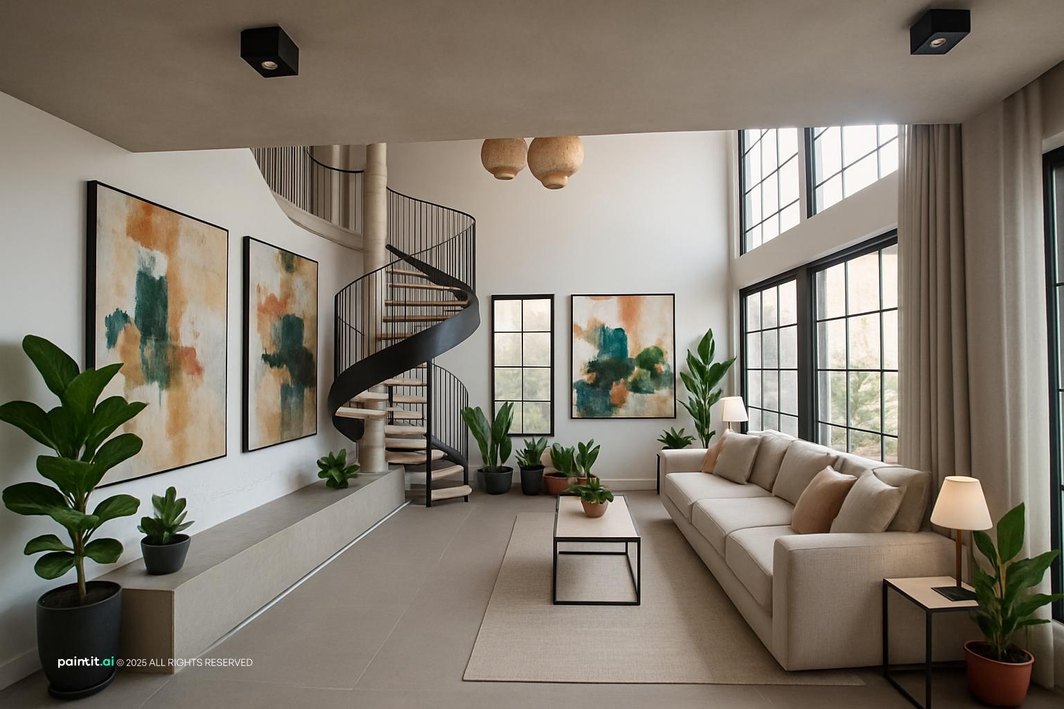Double-height duplex living room with a spiral staircase to a loft, large abstract art and a cream sofa