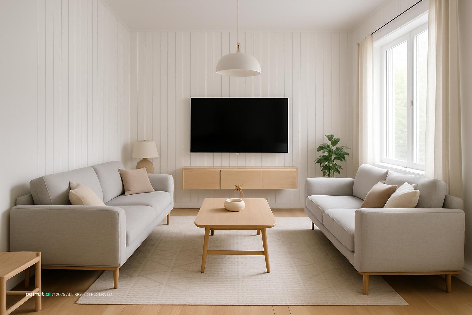 Scandinavian living room with two light sofas facing each other, a round table between them and a wall-mounted TV