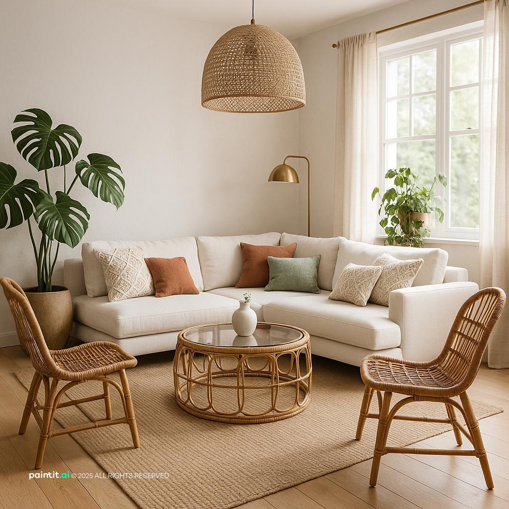 Stylish Boho Chic Living Room Design with light oak and a calm living room atmosphere.