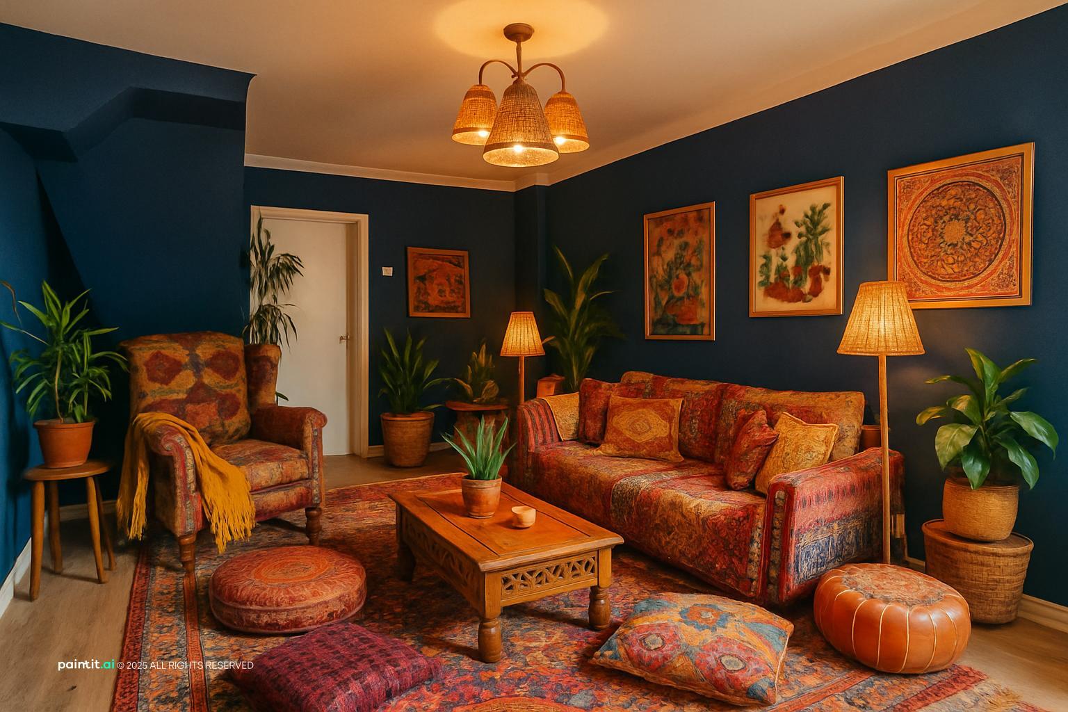 Boho living room with navy walls, a rust patterned sofa, lanterns and poufs