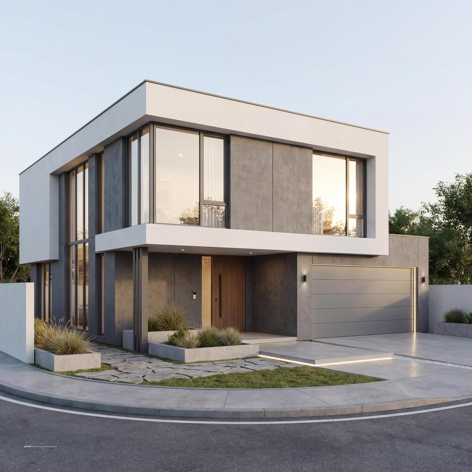 Modern Exterior Design for a 150m² House, with a minimalistic zen garden living room approach.