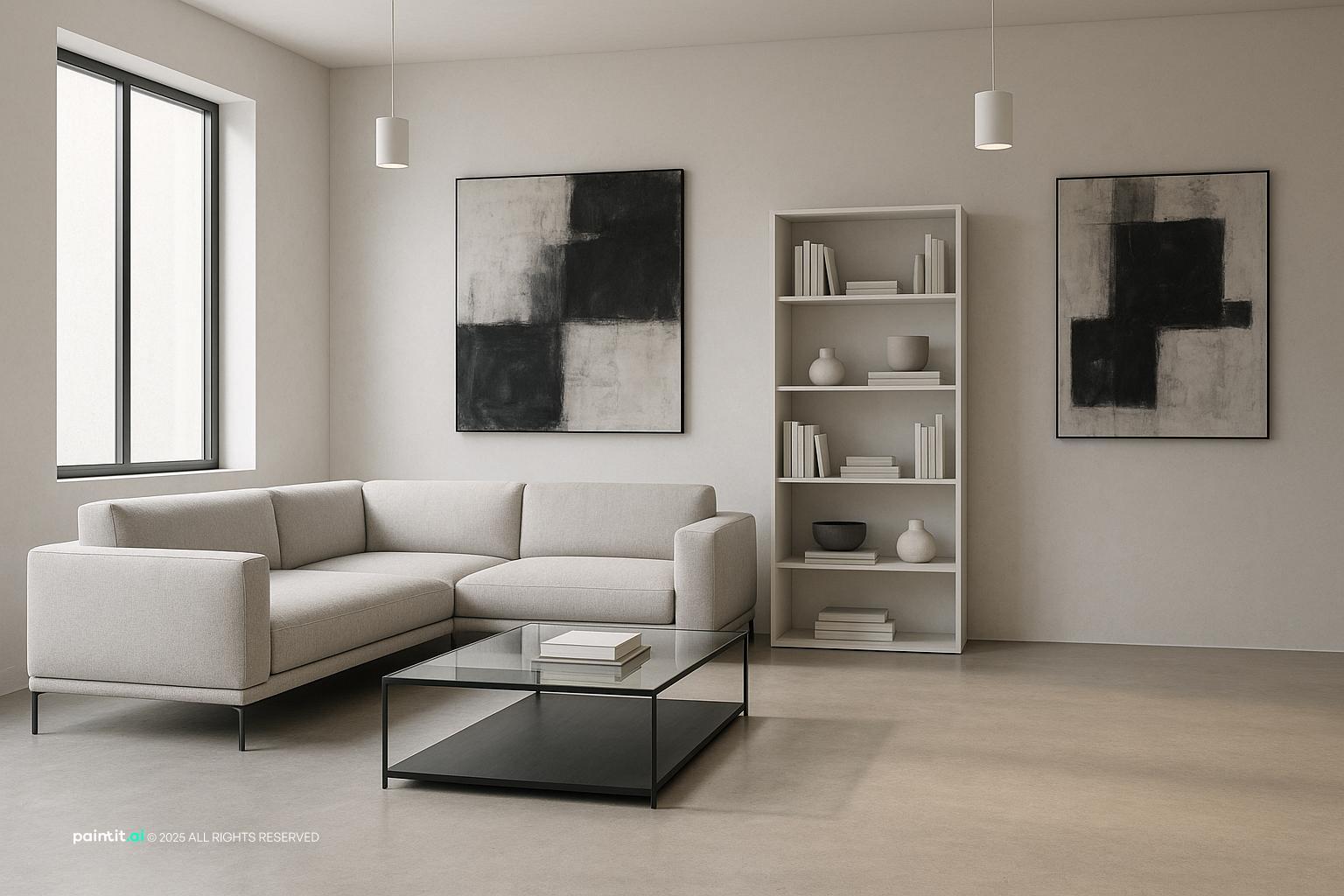 Minimal modern living room with clean lines and open bookcase, suitable for contemporary wine living room ideas.