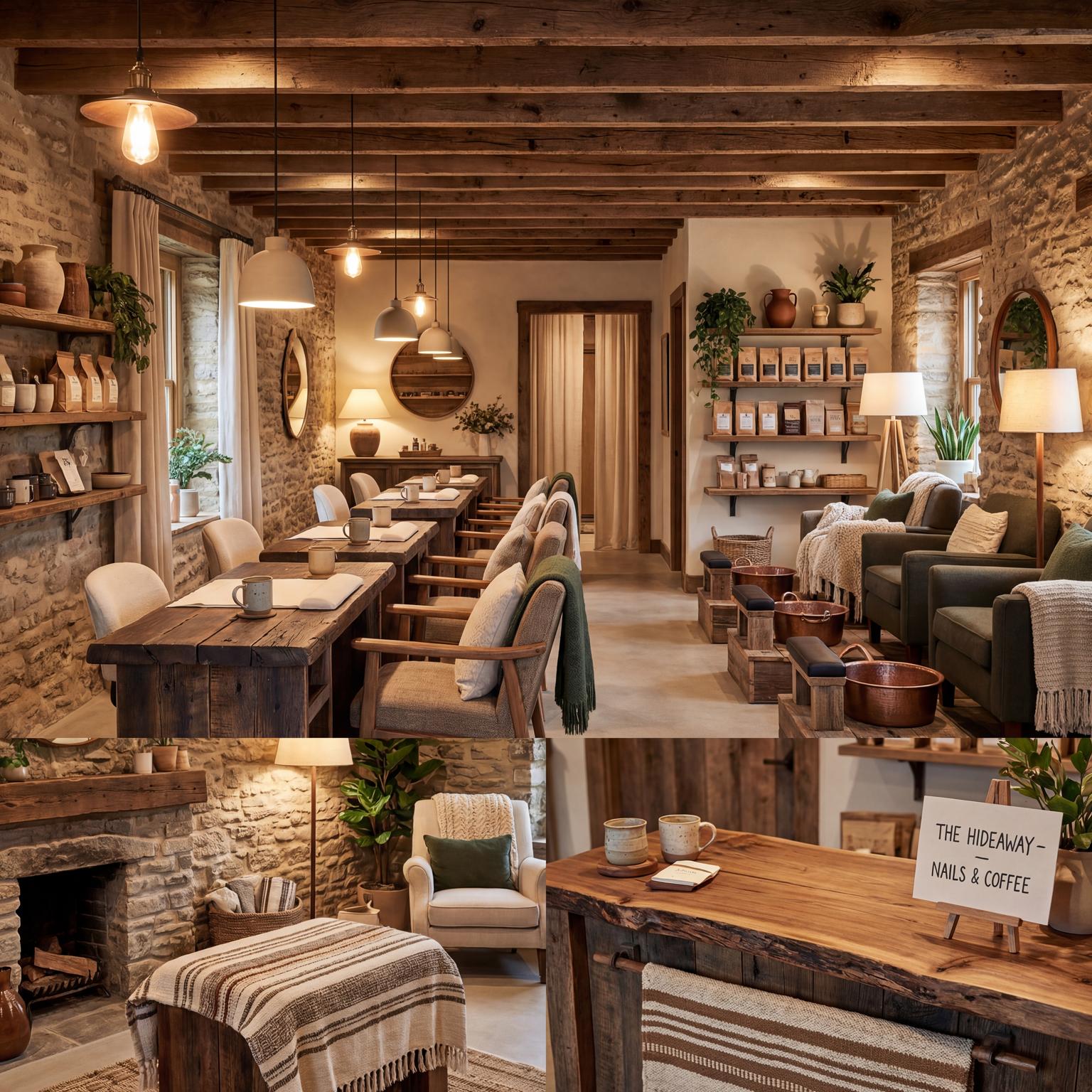 Rustic living room design elements within a serene nail spa and coffee sanctuary, featuring organic textures, wood accents, and cozy seating.