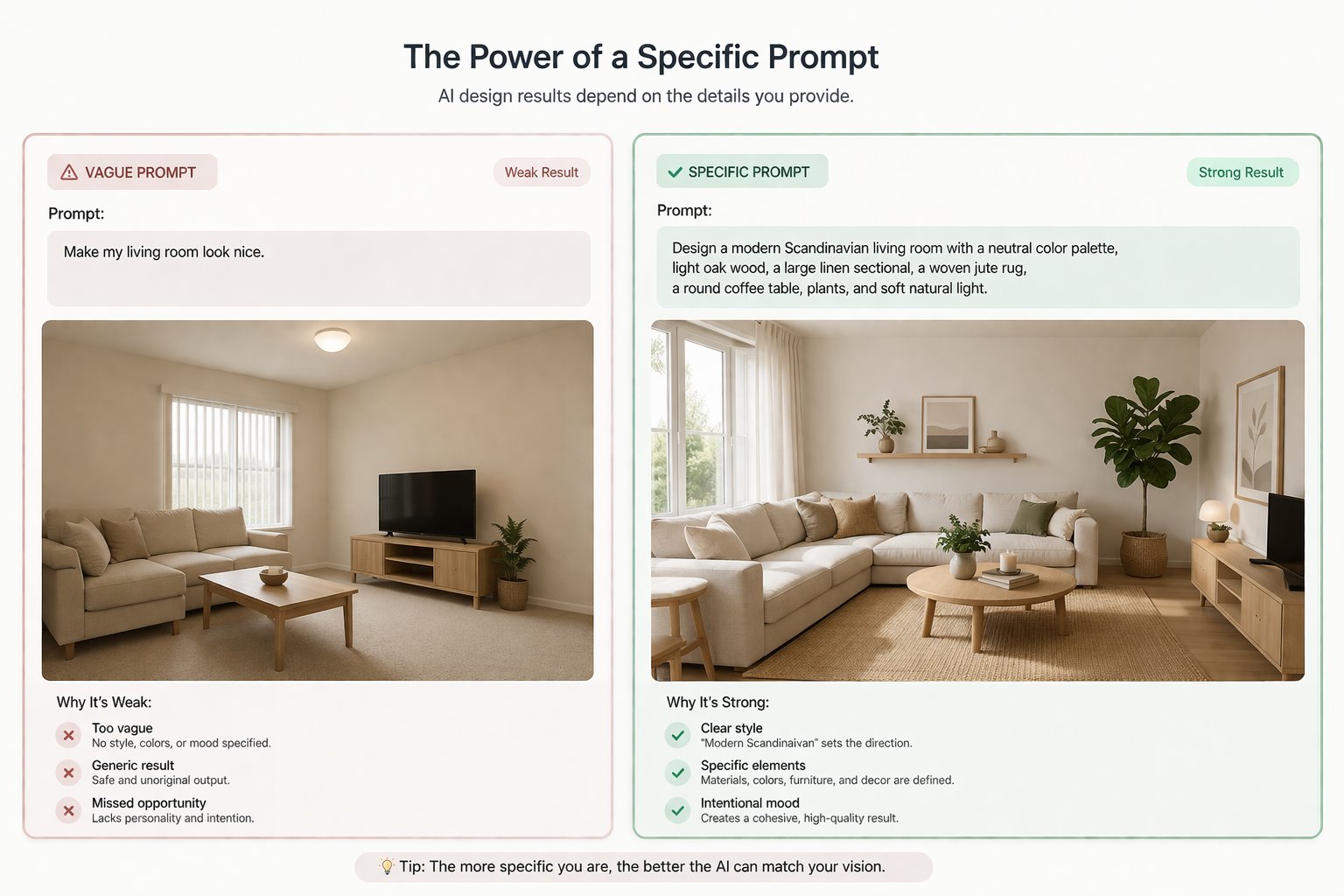 Comparison of a weak result from a vague prompt and a stronger result from a specific prompt