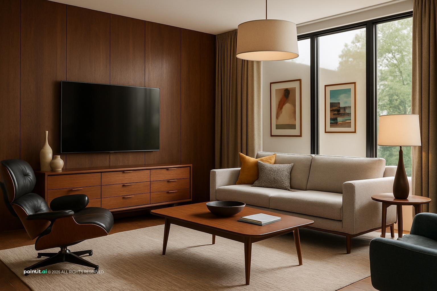 Mid-century living room with walnut accents, a light sofa, teal details and a patterned rug